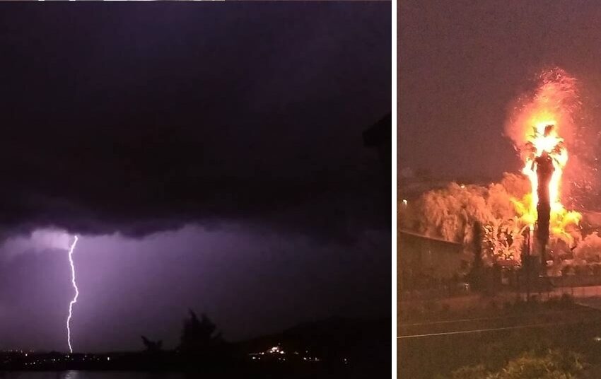  Temporale all'improvviso nella serata, forte pioggia e cielo illuminato da fulmini