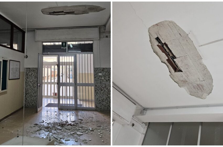  Crollo parziale nell’androne dell’Alberghiero, il sospetto di infiltrazioni piovane