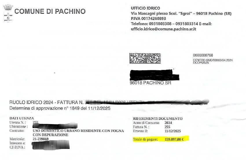  Ricorsi e pignoramenti, caos tributi a Pachino: bolletta “pazza” record da 159mila euro